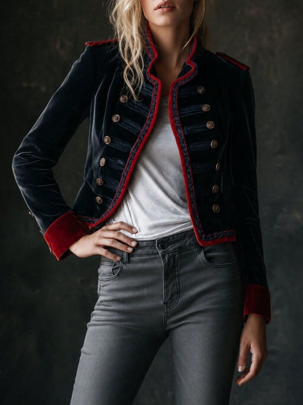 Navy Blue Elegant Women's Velvet Tops - Picture 4 of 4